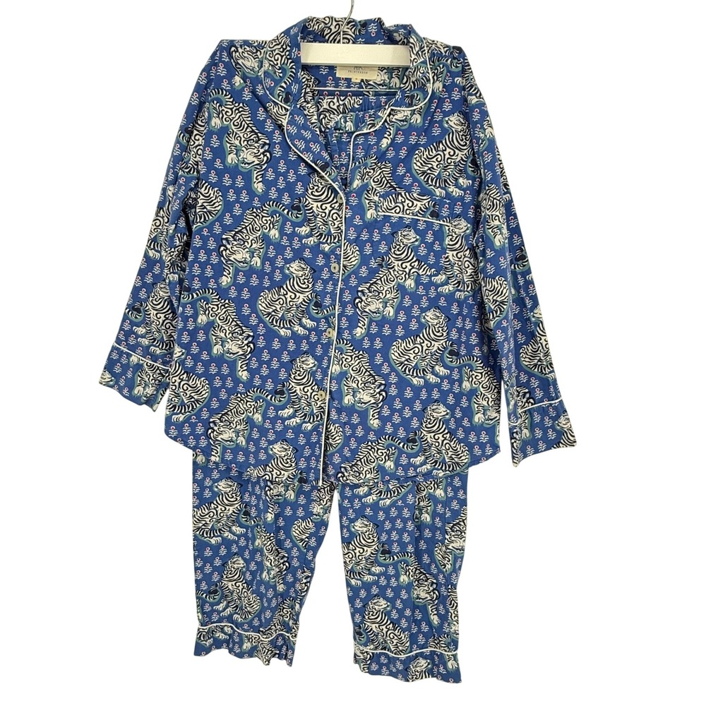 Printfresh Tiger Queen Pajama Set Womens Medium Blue Organic Cotton Long PJ